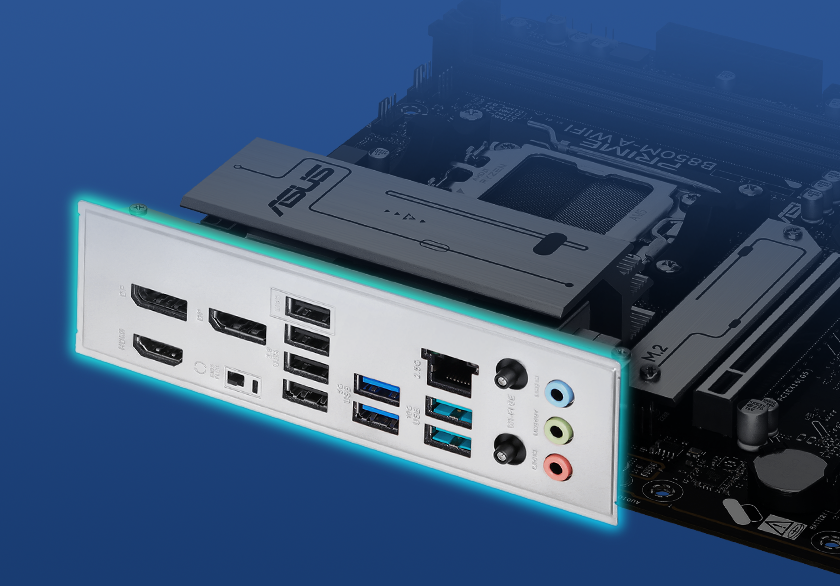 Graphic depicting the PRIME B850M-A WIFI-CSM pre-mounted I/O Shield.