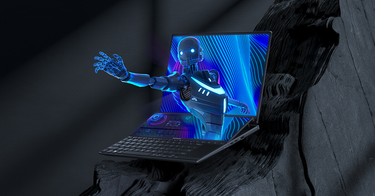 a picture of a 3D model of a robot coming out of the screens of ASUS Zenbook Pro 14 Duo OLED.