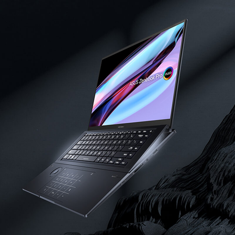 Zenbook Pro 16X OLED floating in a dark backdrop, with the display opened at 120 degrees and the lighted keyboard inclined at an angle.