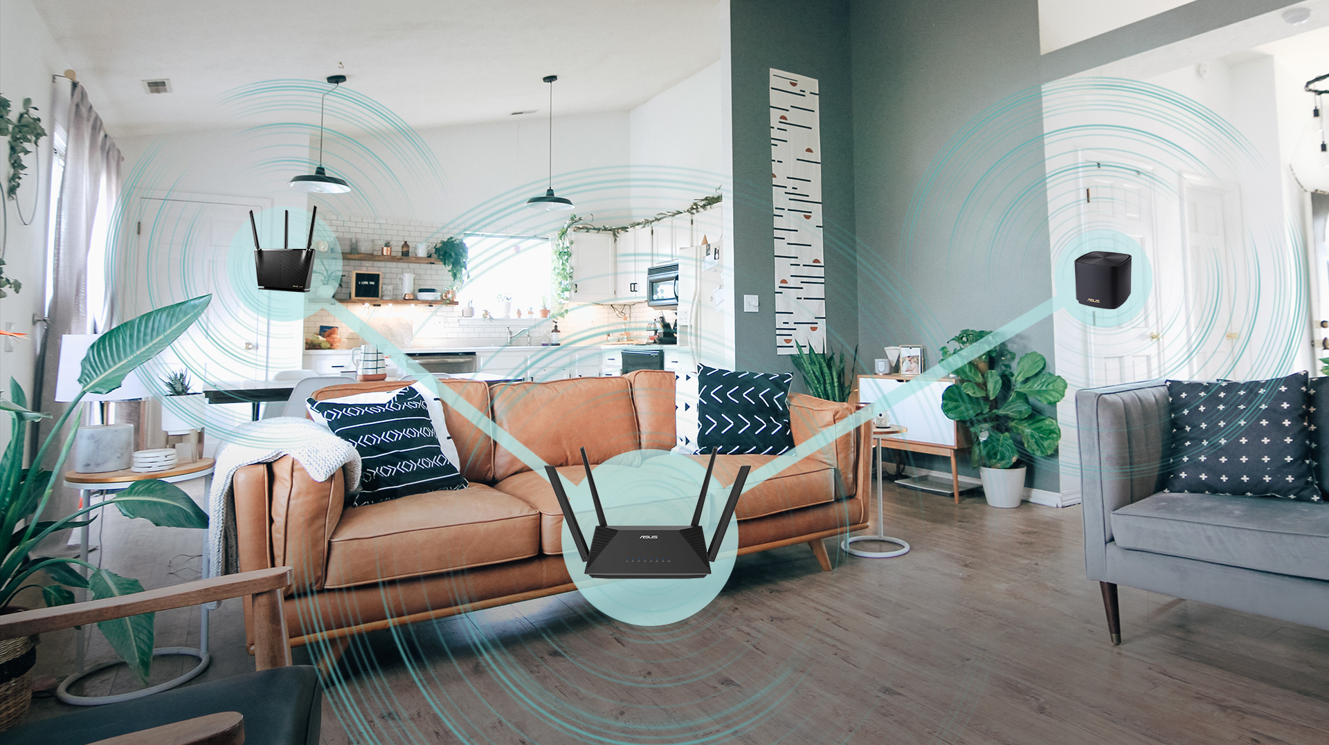 Drie ASUS-routers bridgen een verbinding met elkaar via AiMesh-technologie in een modern appartement
