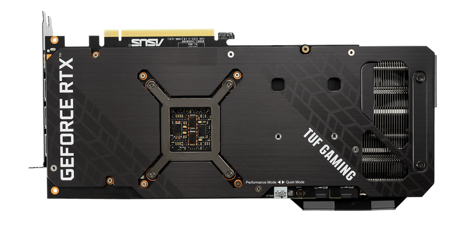 Vue de l’arrière de la carte graphique ASUS TUF Gaming GeForce RTX 3060 Ti. 