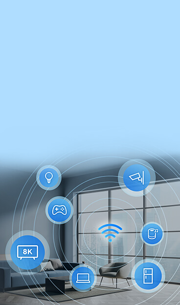 Icônes d'appareils domestiques intelligents entourant un symbole WiFi.