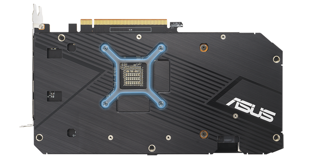 Rear view of the ASUS Dual Radeon RX 7600 highlighting the GPU bracket