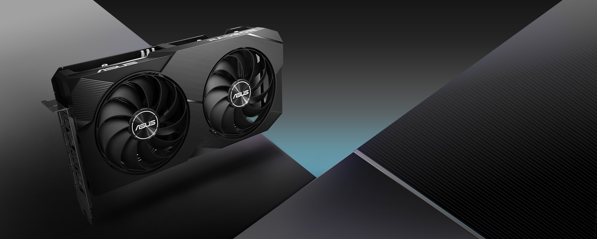 Schrägansicht der ASUS Dual Radeon RX 7600 Grafikkarte von vorne