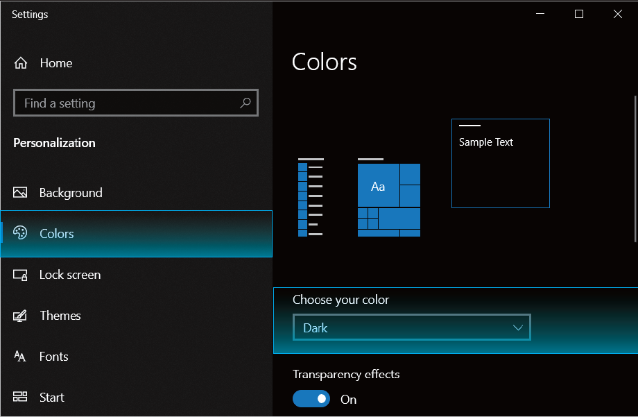 The image indicates how to set the dark mode in Windows. The Dark Mode is enabled by default. To check or adjust this setting: Click Start > Settings > Personalization > Colors.