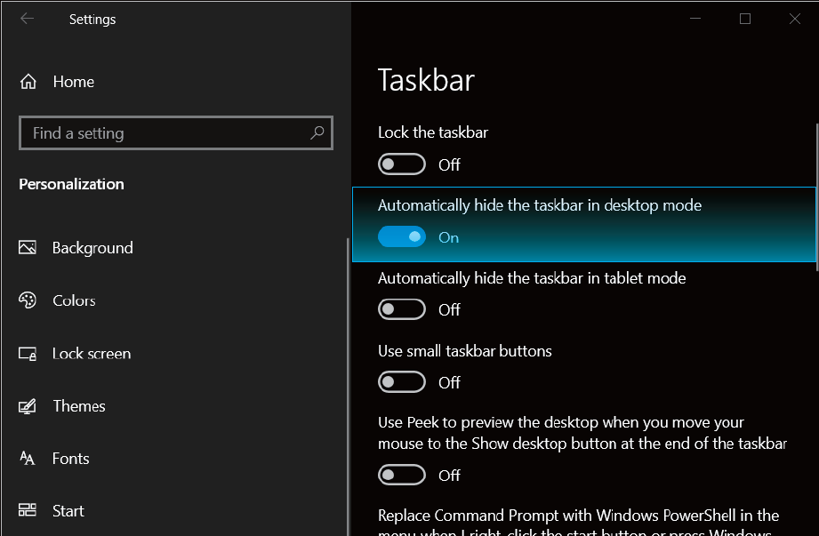 ASUS recommends to Auto-hide Windows Taskbar to further decrease the chances of still image persistence. To check or adjust this setting, click Start > Settings > Personalization > Taskbar < Automatically hide the taskbar in desktop mode.