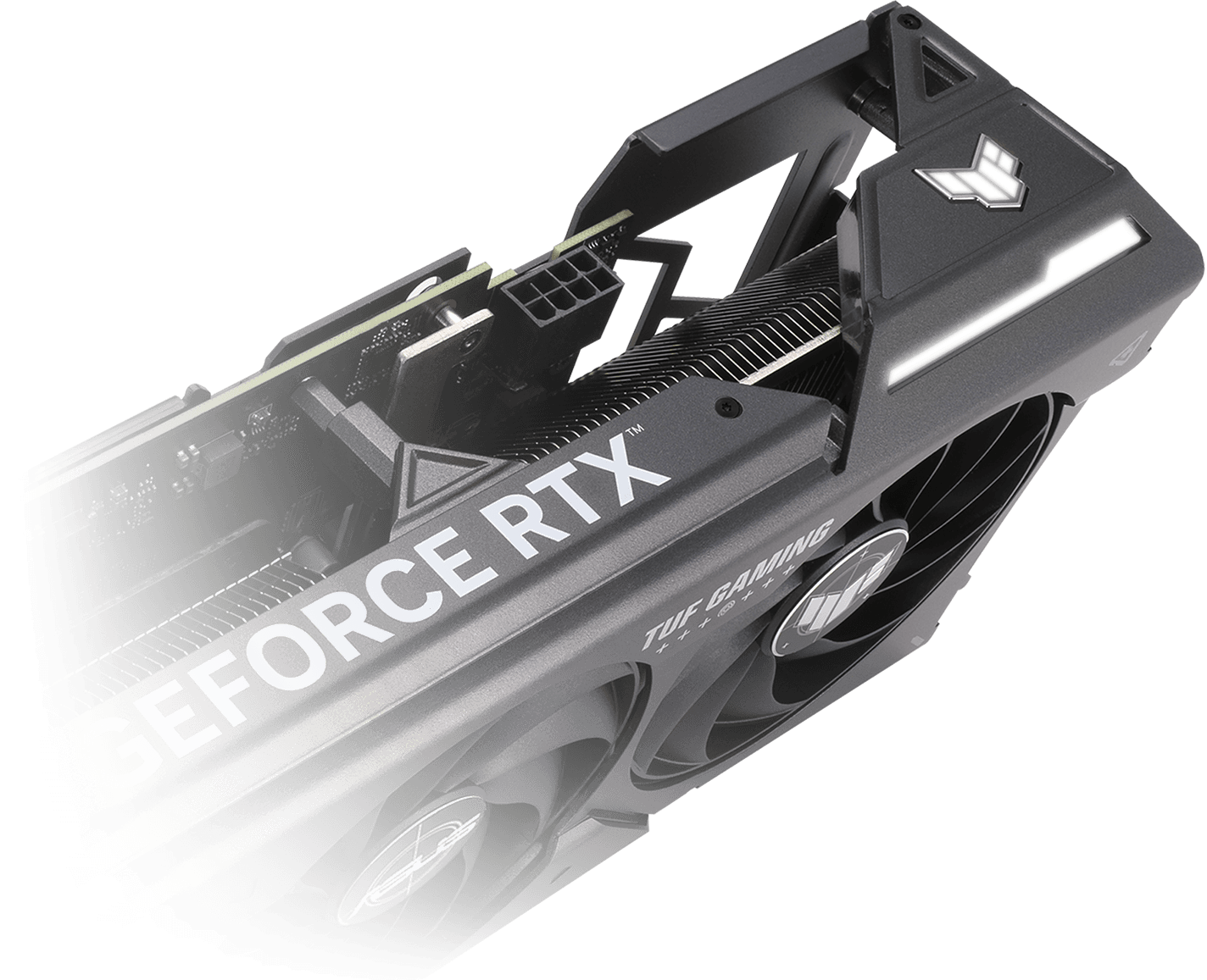 Schuin aanzicht op de ASUS TUF Gaming GeForce RTX 4070 videokaart, met het ARGB-element geaccentueerd