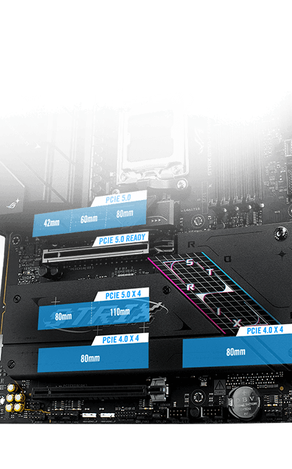 The Strix B850-F PCIe 5.0 M.2 and expansion slot layout