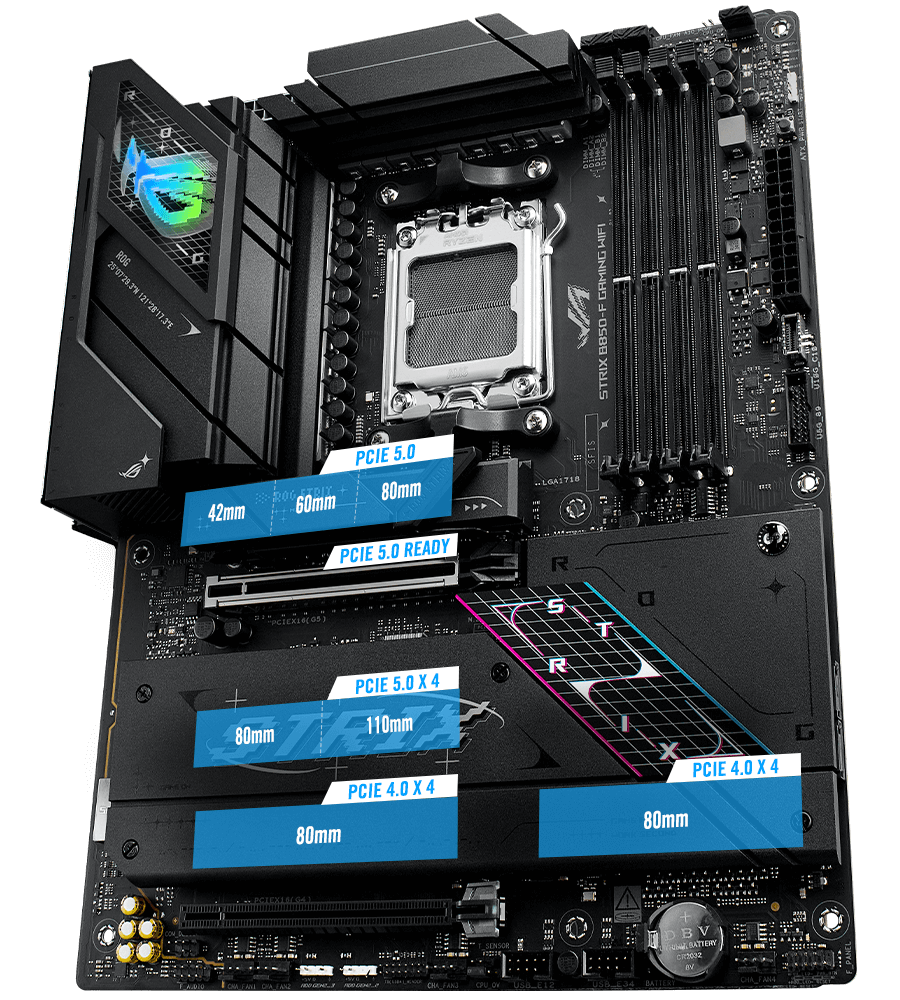 The Strix B850-F PCIe 5.0 M.2 and expansion slot layout