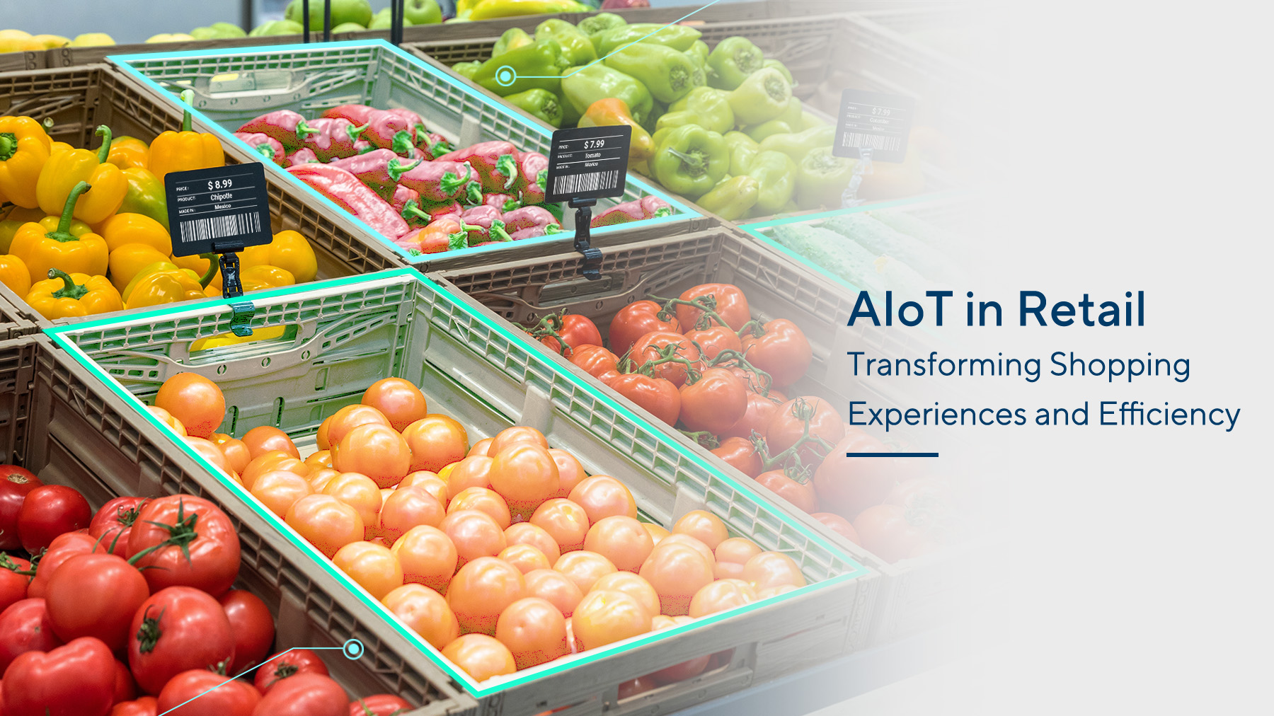 Fruit shelves in a supermarket with digital price tags, with a text overlay that reads, 'AIoT in Retail: Transforming Shopping Experiences and Efficiency.’