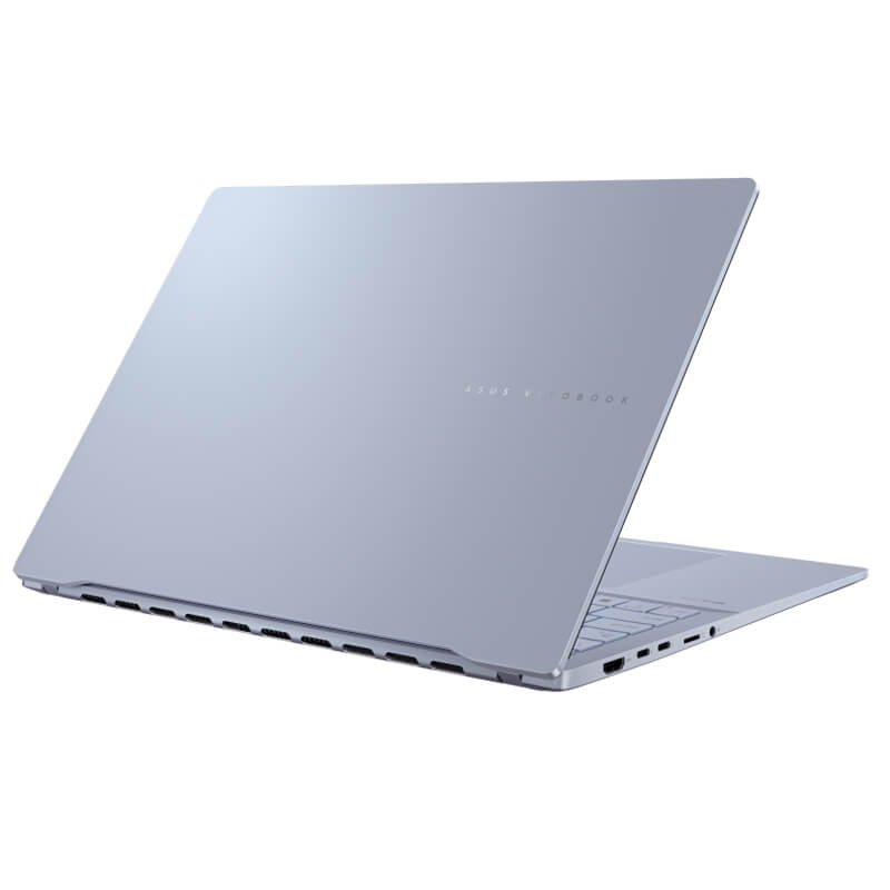 Mist Blue ASUS Vivobook S 16 OLED shown from the back side with a visible stepped hinge design.