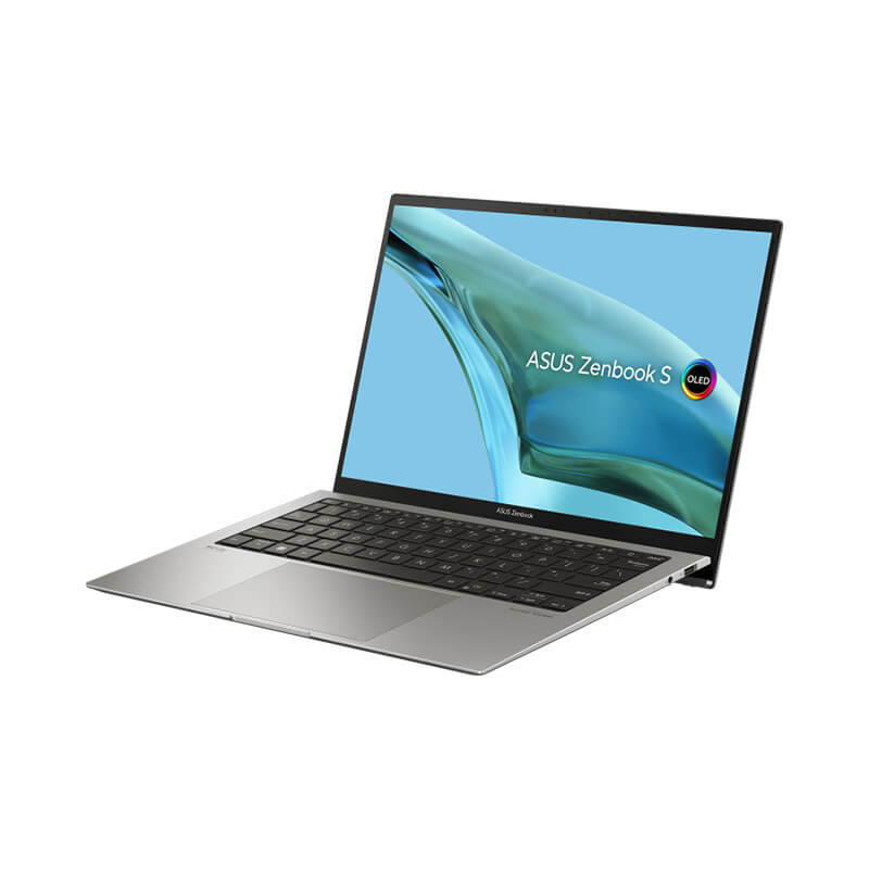 Gray ASUS Zenbook S 13 OLED opened at 120 degrees and is viewed from the right side.