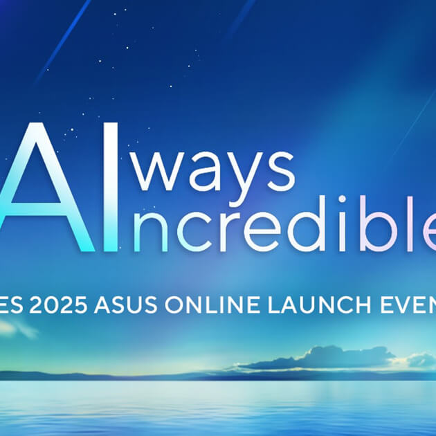 The Always Incredible theme for ASUS at CES 2025 is shown over an image of a large blue lake that glows with light beneath a starry sky.