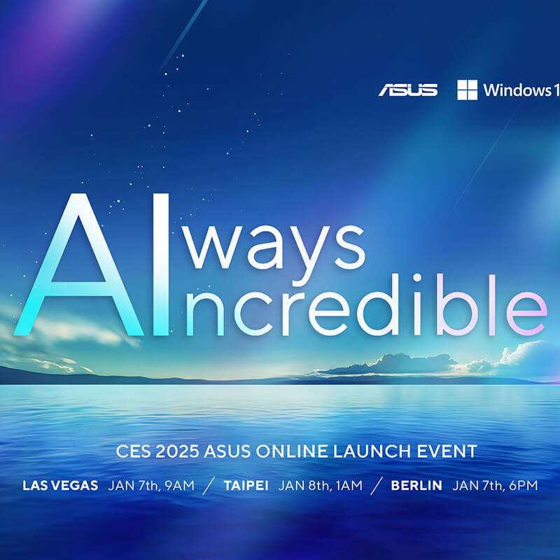 The Always Incredible theme for ASUS at CES 2025 is shown over an image of a large blue lake that glows with light beneath a starry sky.