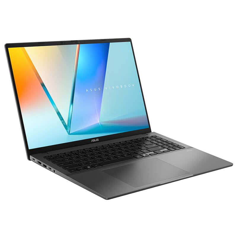 A black ASUS Vivobook S16 is open and facing right.