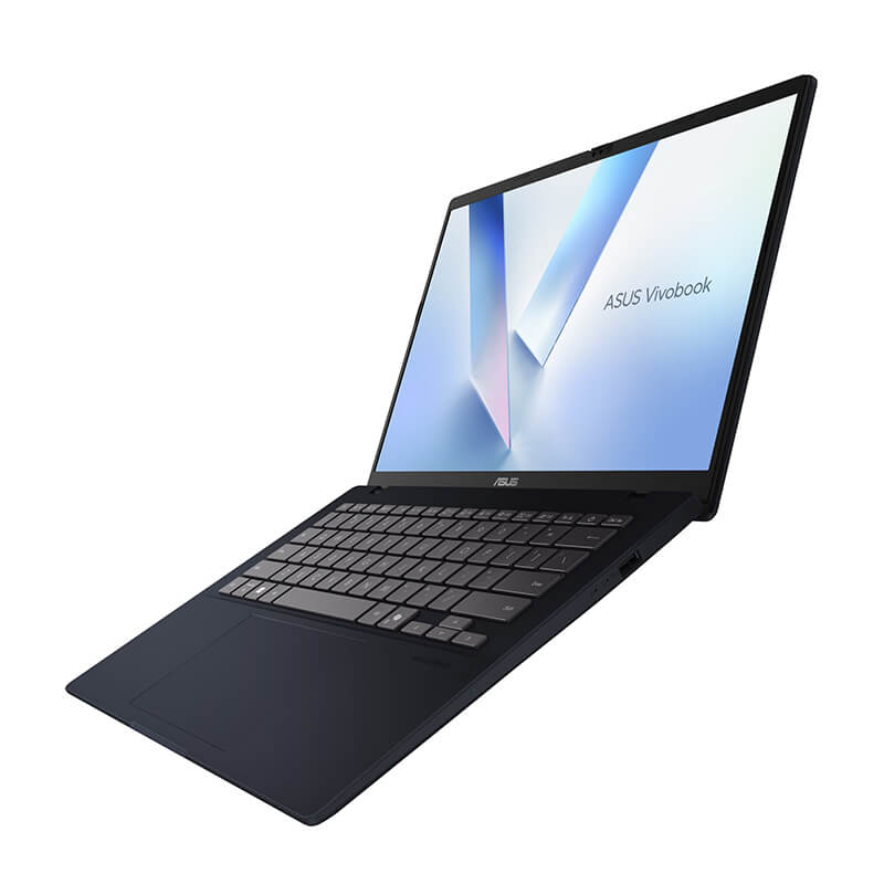 An ASUS Vivobook 14 is open 160 degrees and facing left.