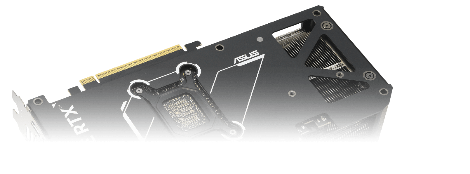 Vista em close da placa traseira metálica protetora de uma placa de vídeo da ASUS, que apresenta um design ventilado para melhorar a dissipação de calor e a durabilidade estrutural.