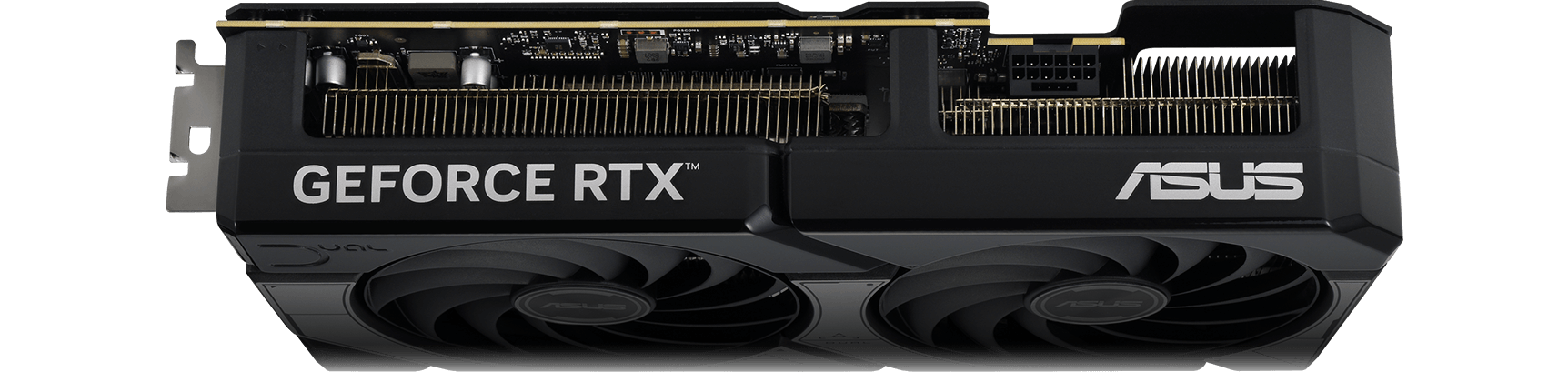 Vista angular de cima para baixo da placa de vídeo ASUS Dual GeForce RTX 5070