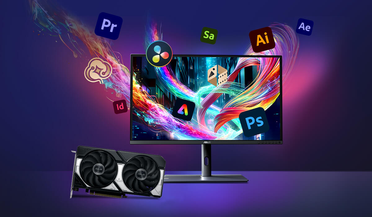 Monitor em uma mesa, com logotipos de produtos da Adobe flutuando ao redor do monitor