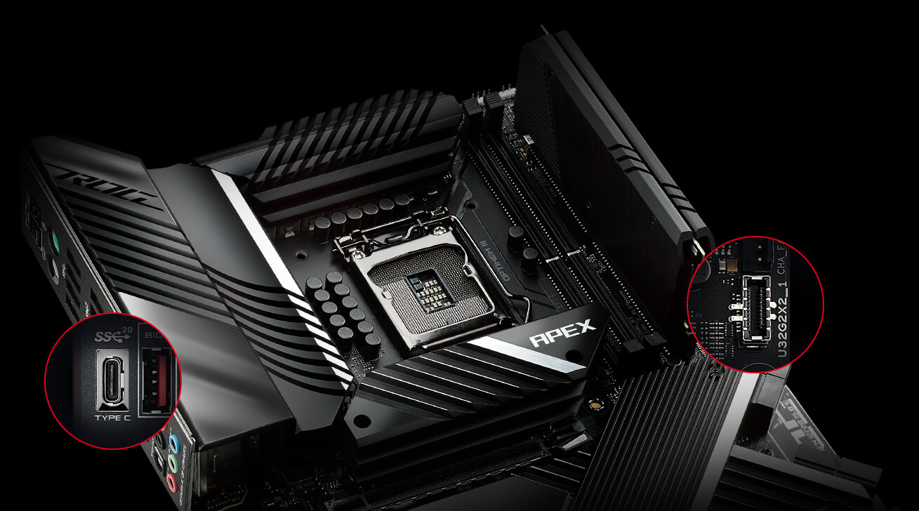 ROG MAXIMUS XIII APEX front view and side view with USB 3.2 Gen 2x2 connectors highlighted