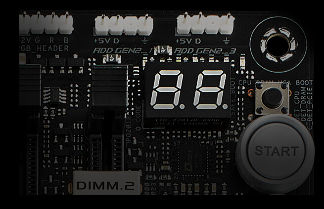 Closeup of motherboard diagnostic LED display