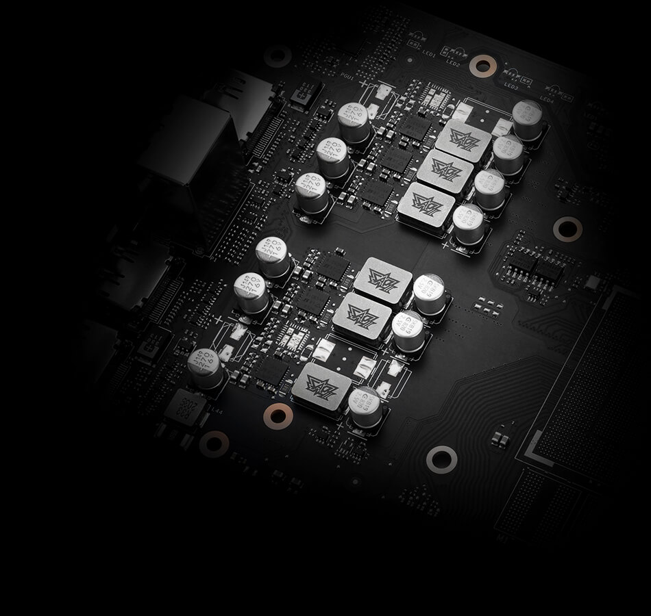 Graphics card circuit board closeup highlighting power delivery component layout