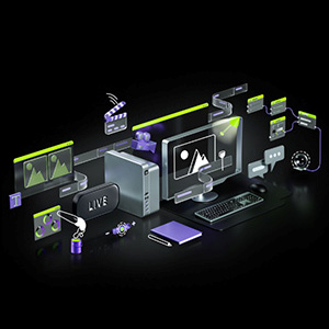 Computer setup displaying logos to indicate various use-cases for the graphics card