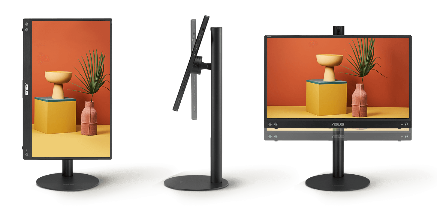 Three ZenScreen portable monitors display in various adjustment options in pivot, title and heights for comfortable eye viewing level when mount on the MTS02D ZenScreen ergonomic stands