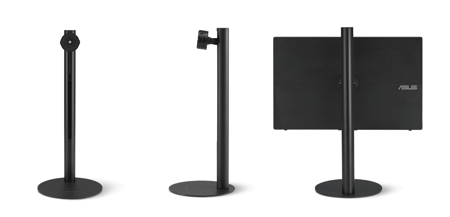 Three ZenScreen ergonomic stands MTS02D in different angels, front, side and back with a mounted ZenScreen