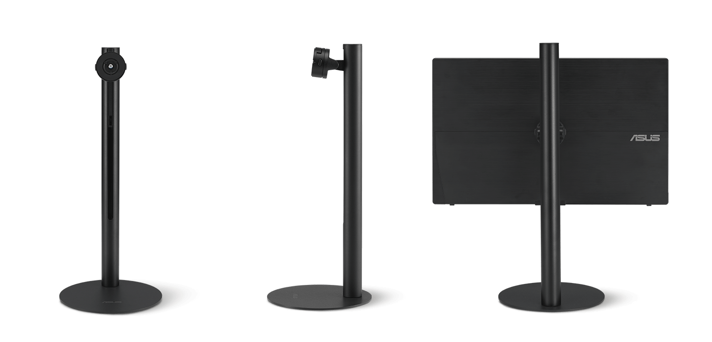 Trois supports ergonomiques ZenScreen MTS02D dans différents angles, de face, de côté et de dos avec un écran ZenScreen monté