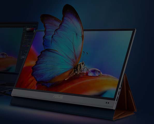 45-degree angle of the ZenScreen MQ16AH in kickstand mode, with butterfly popping out the screen show the amazing color performance from OLED panel