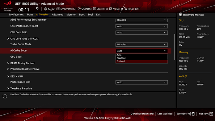 UI of ASUS AI CACHE BOOST