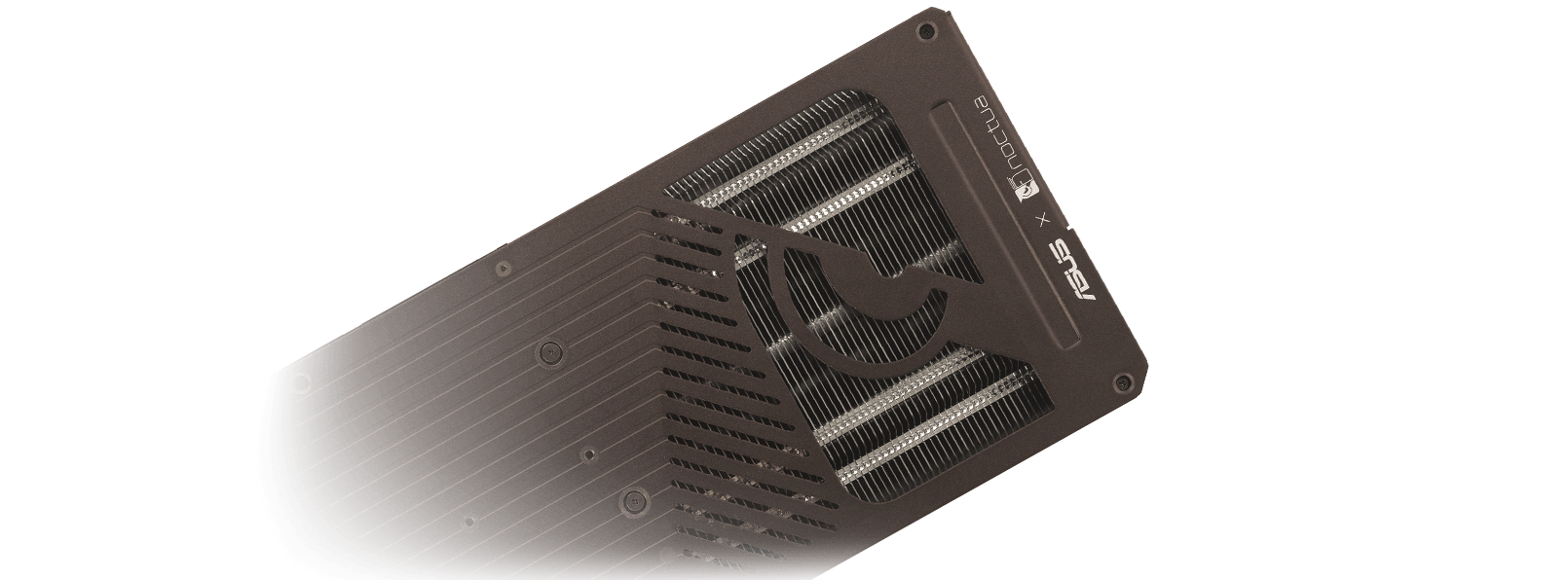 Close-up view of an ASUS graphics card's protective metal backplate, featuring a vented design for improved heat dissipation and structural durability.