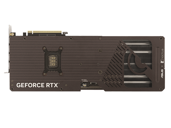 Close-up view of a GeForce RTX 5080 Noctua Edition graphics card's protective backplate.