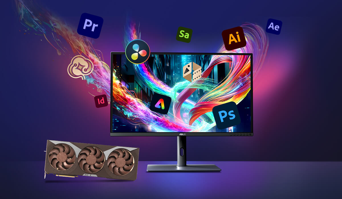 Monitor and ASUS GeForce RTX 5080 Noctua graphics card on a desk, with Adobe product logos floating around the monitor