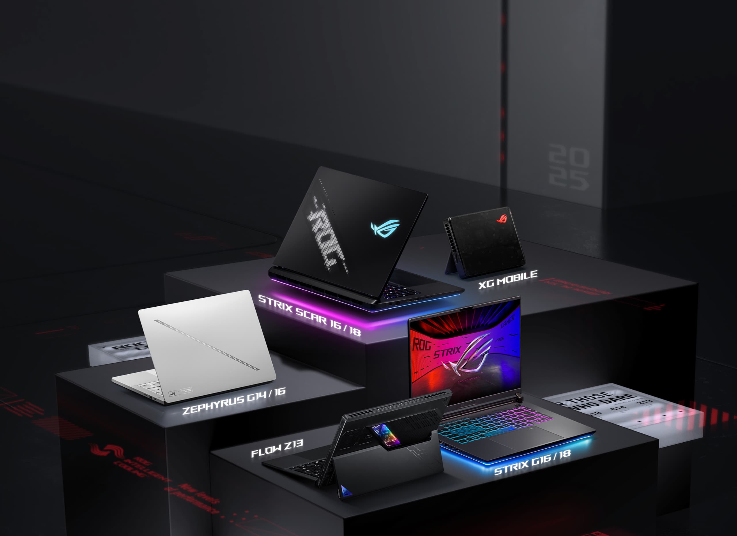 The image showcases the 2025 ROG Gaming Laptops, including Zephyrus G16 in White with the slash on A part, Strix SCAR with an Anime Vision and ROG Logo, the Strix G facing the camera, XG Mobile with the lighten ROG logo, Flow Z13, emphasizing "New Levels of Performance.