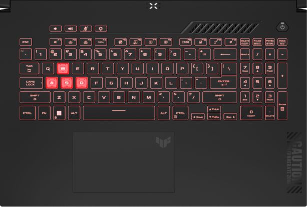 Extreme close-up of the keyboard deck, with the keys illuminated in red.