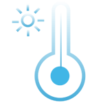A blue icon depicting a thermometer with a small sun on the top left.
