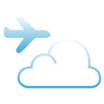 A blue icon depicting a cloud with a small solid airplane on the top of it.