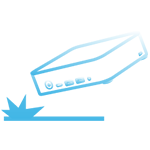 A blue icon depicting a rectangular computer box above a horizontal line with a crush shape on the left.