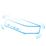 A blue icon with a cube-shaped package with a downward-pointing arrow and four short horizontal lines on the side at the top