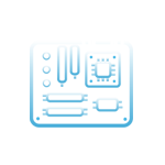 A blue icon of a computer motherboard, featuring various squares, circles, and lines that resemble circuits, ports, and a CPU socket.