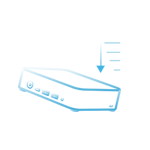 A blue icon depicting a rectangular computer box with a downward-pointing arrow with four short horizontal lines on the side at the right top