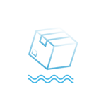 A blue icon depicting a cube-shaped package floating above two wavy lines.