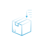 A blue icon depicting a cube-shaped package with a downward-pointing arrow and four short horizontal lines on the side at the top.