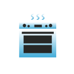 A blue icon depicting an oven with three vertical wavy lines on the top.