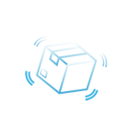 A blue icon depicting a cube-shaped package with wavy lines at each of its four corners. 