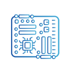 Icon of a pink and blue gradient line drawing of a computer motherboard with squares, circles, circuits, ports, CPU socket.