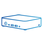 Icon of a pink and blue gradient line drawing of a rectangular computer box with ports and power buttons on the front