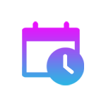 An icon is a pink and blue gradient line drawing of a calendar with a solid clock on top of it.